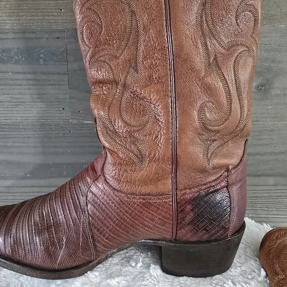 Vintage Tony Lama Brown Stitched Teju Lizard Leather Western Boots MENS SIZE 9